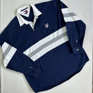 Vtg 1994 Tommy Hilfiger Crew Rowing Rugby Polo Shirt Men Large Navy Blue Preppy